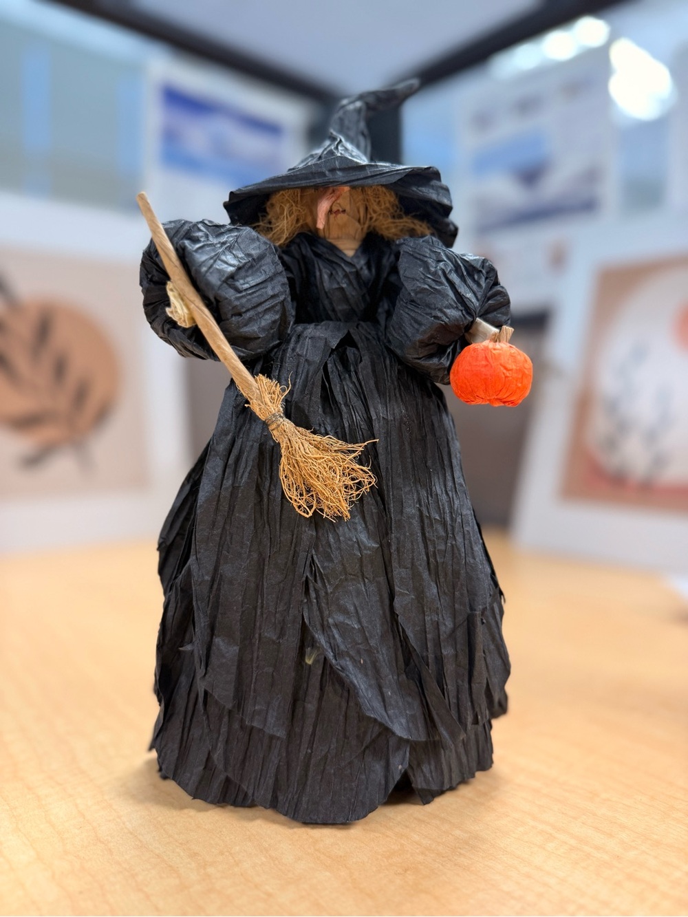 Handmade Primitive Crepe Paper Kitchen Witch Doll Figure w/ Broom & Pumpkin